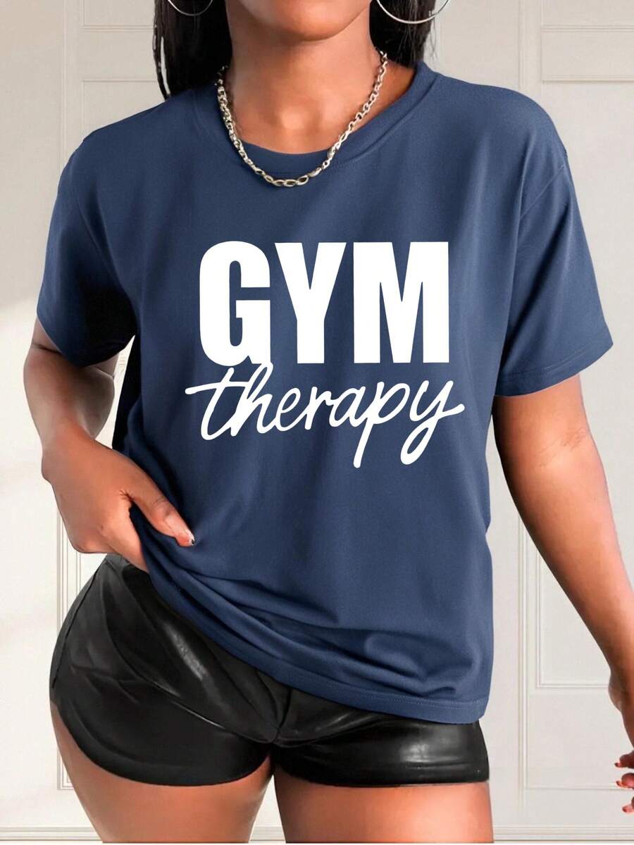 Women'S 100% 200g Printed T-Shirt  Round Neck Comfortable And Breathable  Available In Black, White, And Royal Blue  GYM Therapy Print  Ideal For Gym And Casual Wear - 寶藍色 - 查看 1