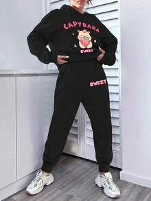 Tween Girls' Cartoon Print Thermal Hoodie And Sweatpants Set - Black - View 11