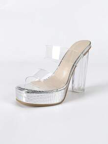 透明绑带超高跟防水台粗跟凉鞋，2025年夏季新款时尚性感百搭高跟鞋女鞋 - 銀色 - 查看 7