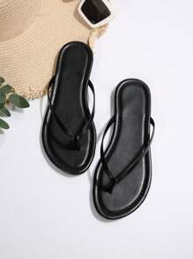 Women's Fashion Round Toe Flip Flops, Solid PU Leather Material, Summer New Arrival Versatile Flat Sandals Suitable For Outing, Dating, Holiday, Home, Casual, Commuting, Party - Black - View 6