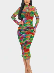 Kaleidoscope Print Mesh Ruched Midi Dress  All Over Print    Elegant    Ruched  Zipper  Sheer    Stage & Concert - 綠色 - 查看 5