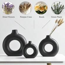 YSSM Wedding Medium Sized Ceramic Vase CupBlack Ceramic Donut Vase Set Of 2 Hollow Round Matte Pampas Flower Vases For Boho Home Wedding Party Room Dinner Table Shelf Decor.BlackTSS 1269 - 甜甜圈黑 - 查看 8