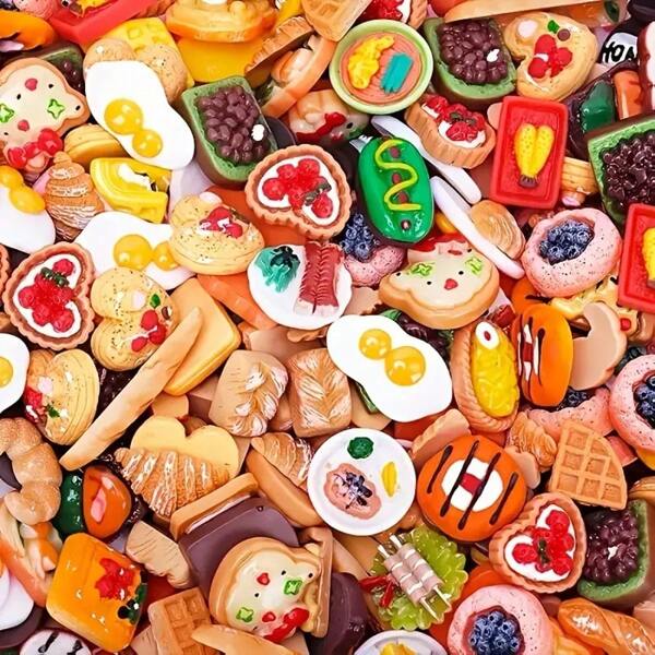 [10/20/30/50/60 peças] Miniaturas de resina sortidas para simulação de alimentos, garrafas de bebida, grampos de cabelo multicoloridos faça você mesmo, capas de celular, ímãs de geladeira, decoração para casa de bonecas, suprimentos para fabricação de joias