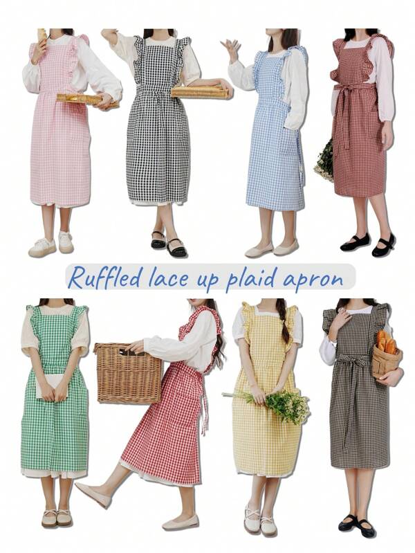 1 pièce Tablier à carreaux, style vintage, grande taille pour femmes avec 2 poches, dentelle réglable plissée anti-salissure. Convient pour le nettoyage domestique, la cuisine, la pâtisserie, les activités extérieures, les restaurants, les cafés, les fleuristes, les boulangeries, les salons de beauté et d'autres lieux de travail