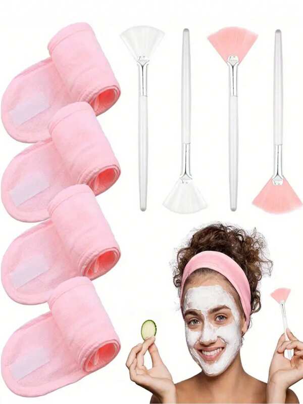 8Pcs Spa Set, Including Women Headband Hair Hoop, Hair Wrap, 4Pcs Fan Makeup Brushes For Facial Care, Gentle Exfoliating Tools For Facial Mask And Skincare, Nylon Soft Bristle Brush - Suitable For Home Spa And Salon Use