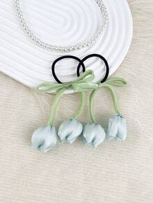 2条装女士郁金香花朵弹力发圈，高端花朵发绳，适合日常佩戴，发圈，发饰，马尾辫发圈，发圈，橡皮筋发带，发绳，头饰，健身运动跑步装备 - 彩色 - 查看 13