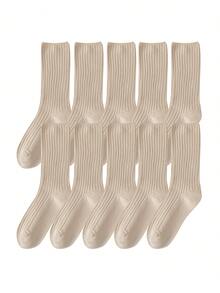 10 Pairs All Season Basic Solid Color Women Cotton Socks Girl Colorful In Tube Sock Free Size US5-9 - 米色 - 查看 1