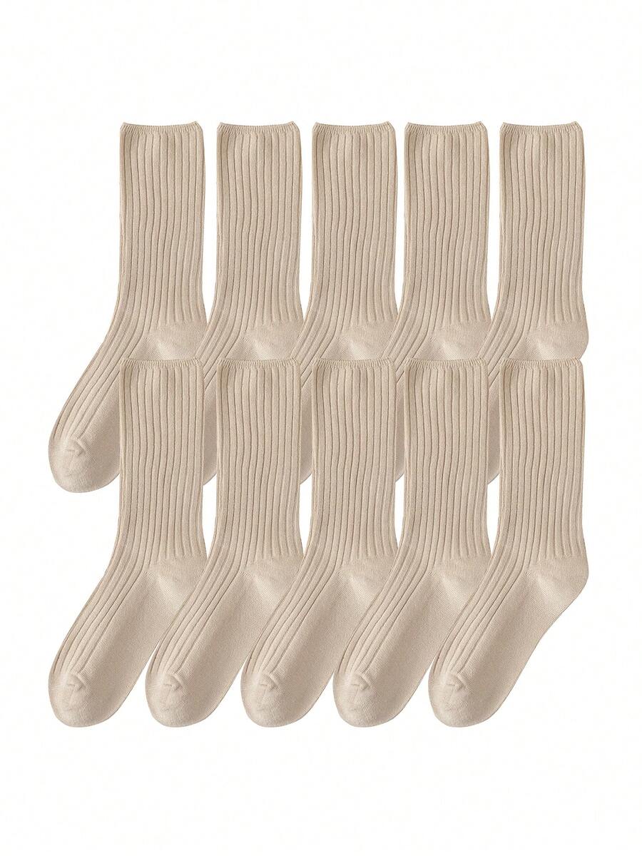10 Pairs All Season Basic Solid Color Women Cotton Socks Girl Colorful In Tube Sock Free Size US5-9 - 米色 - 查看 1