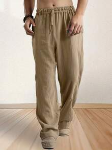 [Plus Size Linen Track Pants] Men'S Plus Size Loose Track Pants Linen Breathable Athletic Pants Are Suitable For Casual Everyday Travel - 卡其色 - 查看 2