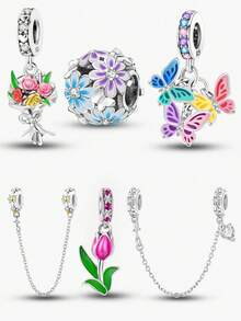 1Pc Fashionable Flower Tulip Clover Charm Bead Fit For Women Bracelets Bangles DIY Jewelry Making And Daily Outfit Matching Jewelry Decoration For Girls - Silver - View 1