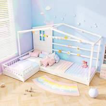 L-Shaped Double Twin Beds House Platform Beds W/ Window & Fences Ray - White - View 1