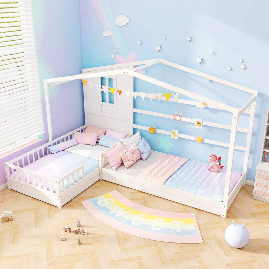 L-Shaped Double Twin Beds House Platform Beds W/ Window & Fences Ray - White - View 1