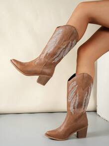 刺绣复古靴，套穿式尖头粗跟骑马靴，舒适休闲百搭西部靴，纯色女款