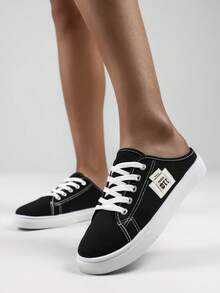 女士一脚蹬运动鞋，帆布一脚蹬鞋，时尚舒适拖鞋，防滑乐福鞋，休闲露跟鞋 - 黑與白 - 查看 3