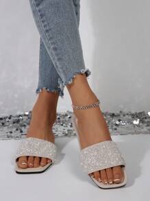 1 paire de sandales plates élégantes pour femmes, style boho sexy et casual en PU perlé, confortables et polyvalentes pour le bureau, l'extérieur, l'école, le mariage, l'été