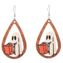 1 coppia di orecchini in legno per donne in stile Ognissanti, con design divertente di zucca, fantasma e pipistrello, a forma di goccia forata a pendente