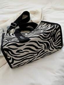 New Fashion Women's Zebra Print Letter Decor Handbag, Lightweight And Portable, Casual Versatile, Suitable For Travel And Shopping - Black - View 4