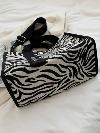 时尚新款女士斑马纹图案字母印花装饰手提单肩包轻便便携休闲女包手提包适合旅行购物