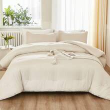 Oversized King Comforter 128x120 Beige, 3 Pieces Lightweight Solid Bedding Comforter Set, All Season Fluffy Bed Set (1 Comforter & 2 Pillowcases) - 米色 - 查看 5