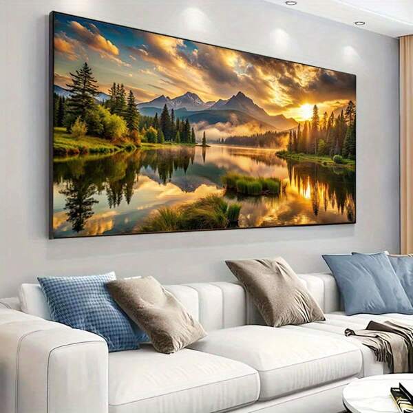 No Framed Canvas Art Print - Golden Sunrise, Snow-Capped Mountains With Reflected Water, Modern Living Room Or Bedroom Wall Decor, Canvas Wall Art