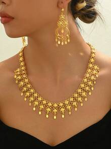 5件套复古多层镂空几何流苏项链、耳环、戒指、手链首饰套装，夸张纹理，适合婚礼/派对佩戴 - 金色 - 查看 9