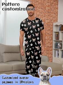 Printstory Customized Personalized Graphic Pajama Set, Featuring Portrait, Children, Pets, Cartoon, Festive Designs, Funny & Interesting For Men - Black - View 1