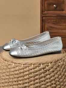 优雅中式镂空蝴蝶结平底鞋 - 銀色 - 查看 3
