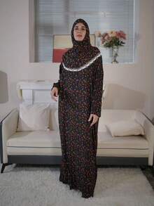 1 件印花头巾连体衣 Abaya，具有吸湿、透气、防静电功能，正面拉链，宽松剪裁，简洁方便，适合女性日常穿着、祈祷和外出。情人节女士面纱 - 彩色 - 查看 10