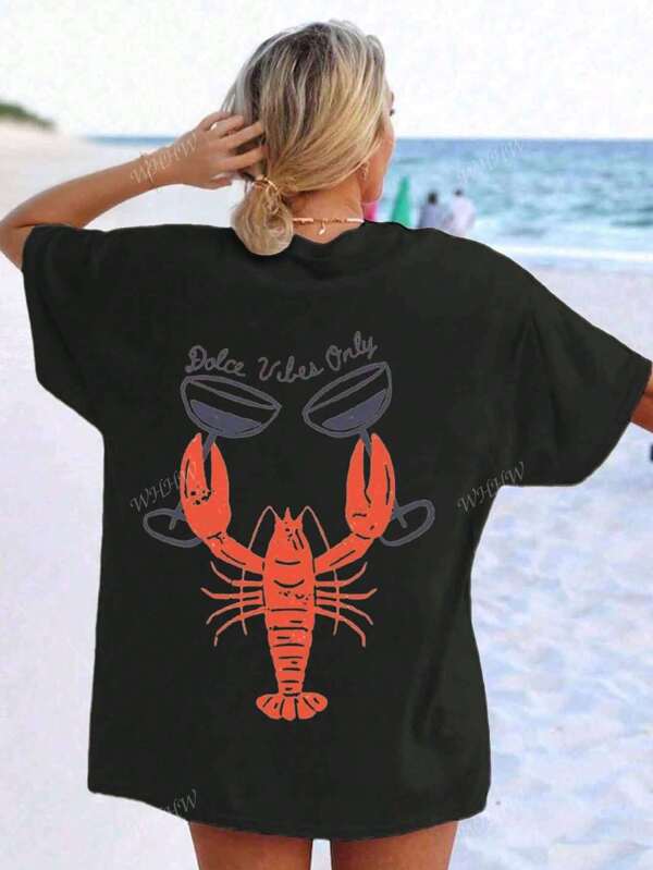 Lobster Illustration Of Sea Salt Soda Flavor, Women's Casual Loose Plus Size Round Neck Short Sleeve T-Shirt, Summer Beach Outfits