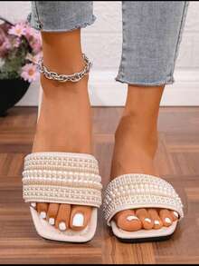 女士新款米色方头平底拖鞋，珍珠和水晶装饰，时尚优雅，百搭，适合夏季外出、约会、聚会、婚礼 - 米色 - 查看 9