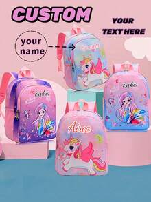Customized Backpack With Personal Name Print, Multi-Pocket Design, Mermaid And Unicorn Prints, Back To School - Text 2 Stroke - View 3
