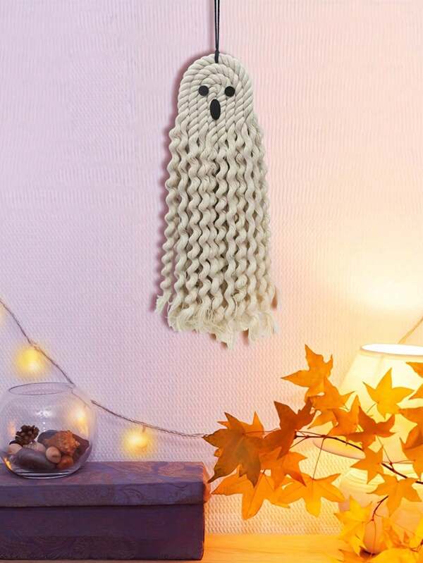 1pc/2pcs Boho Small Halloween Hand-Woven Ghost Tapestry Hanging Window Decorative Pendants Bohemian Funny White Party Birthday Holiday Back To School Decorations Layout Props Horror Home House House Living Room Bedroom Home Decor Gift Halloween Decor Fall Decor Room Decor
