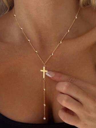 1pc Cross Gold Bead Pearl Necklace For Women,Faux Pearl Chain 14k Gold Plated Stainless Steel Gold Bead Chain Cross Long Collarbone Necklace Faith Necklace Christian Gifts, Religious Friendship Gifts, Mama Gifts, Christmas Gifts, Faith Gifts ,Jewelry Gifts