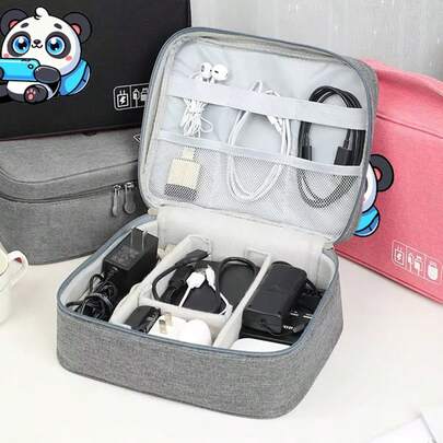 1 Pc Panda Tech Organizer Bag - Multi-Layer Electronics Accessory Case For Chargers/Hard Drives/Earphones, Portable Neat Storage Solution For Campus/Travel/Couple Gifts | Cute Cable Management Essential