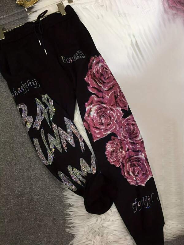 Oversized Sweatpants Für Frauen - Rose Strass Grafik - Kordelzug Jogger Mit Taschen Elastische Taille - Cropped Länge Hosen Hohe Taille Lässig Bequem Funkelnd