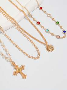 4 Pieces Colorful Gemstone Pearl Sun Cross Gorgeous Fashion Metal Silver Women's Necklace Set, Suitable For Banquet Dance Party Concert Match Daily Clothing Accessories - 銀色 - 查看 6