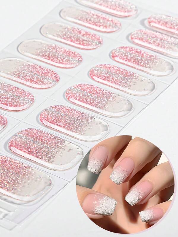 16pcs Pink Semi Cure Gel Nail Art Strips, Gorgeous Fingertip Glitter Glossy Self-Adhesive Gel Nail Art Stickers, Salon Quality, UV Lamp Required, Suitable For Ladies To Attend Parties Music Festivals DIY Nail Art Stickers Decal Stickers!