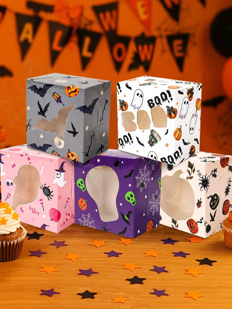 6 件带窗口的万圣节礼品盒，幽灵南瓜鬼蝙蝠黑猫设计万圣节糖果袋，不给糖就捣蛋，万圣节礼品包装盒，万圣节装饰，家居装饰，万圣节快乐装饰，万圣节礼物，万圣节派对用品，节日礼品袋，节日派对礼品