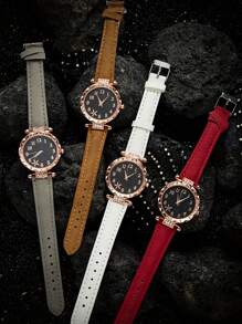 Set de 6 relojes de mujer con correa de piel de estrella de mar blanca - Esfera de escala de barra de moda, relojes de cuarzo minimalistas casuales para uso diario