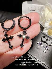 嘻哈風格感恩節禮物菱形十字形耳環,奢華鑲嵌全鑽石耳釘,適合男女日常佩戴 - 金色 - 查看 9