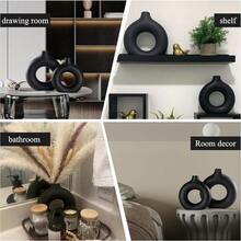 YSSM Wedding Medium Sized Ceramic Vase CupBlack Ceramic Donut Vase Set Of 2 Hollow Round Matte Pampas Flower Vases For Boho Home Wedding Party Room Dinner Table Shelf Decor.BlackTSS 1269 - 甜甜圈黑 - 查看 6