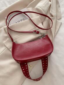 时尚复古长方形手提包，女士铆钉装饰腋下包，经典拉链单肩包，适合购物、钱包、购物、年轻女性、大学生、新人、白领。非常适合办公室、大学、工作、商务、通勤、户外活动、旅行和郊游