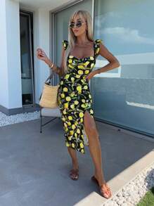 1 Piece All-Over Floral Print Boho Elegant Woven High Slit Dress, Everyday Summer Wear - Black - View 4