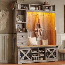 7-In-1 Farmhouse Hall Tree With Bench And Shoe Cabinet, LED Entryway Organizer With 2 Drawers, 12 Shoe Cubbies, Barn Doors And 7 Coat Racks - 灰色 - 查看 1