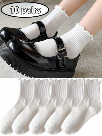 10 Pares de Meias Médias Casuais Versáteis Femininas com Barra de Folho Branca, Meias Dobradas Adoráveis para Tornozelo, Meias de Barra Rendada Macia