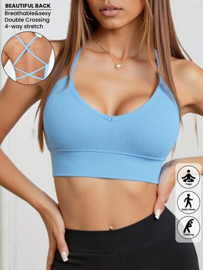 Piece Seamless Knit Ribbed Verleidelijke Bra, Wireless Cross Strap Backless Sports BH