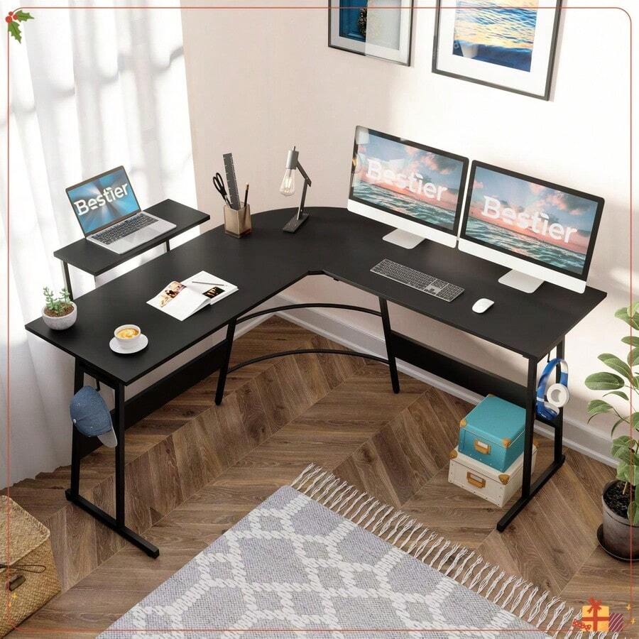 51" Gaming Desk L-Shaped Computer Desk With Monitor Shelf Corner PC Home Office Gaming Table, Carbon Fiber Black