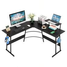 51" Gaming Desk L-Shaped Computer Desk With Monitor Shelf Corner PC Home Office Gaming Table, Carbon Fiber Black