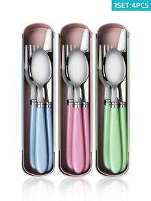 Portable Reusable Stainless Steel Cutlery Set For Students, With Storage Box, Durable Fork And Spoon, Suitable For Outdoor Dining, Camping And Picnics, Convenient Travel Utensil Set - Multicolor - View 7