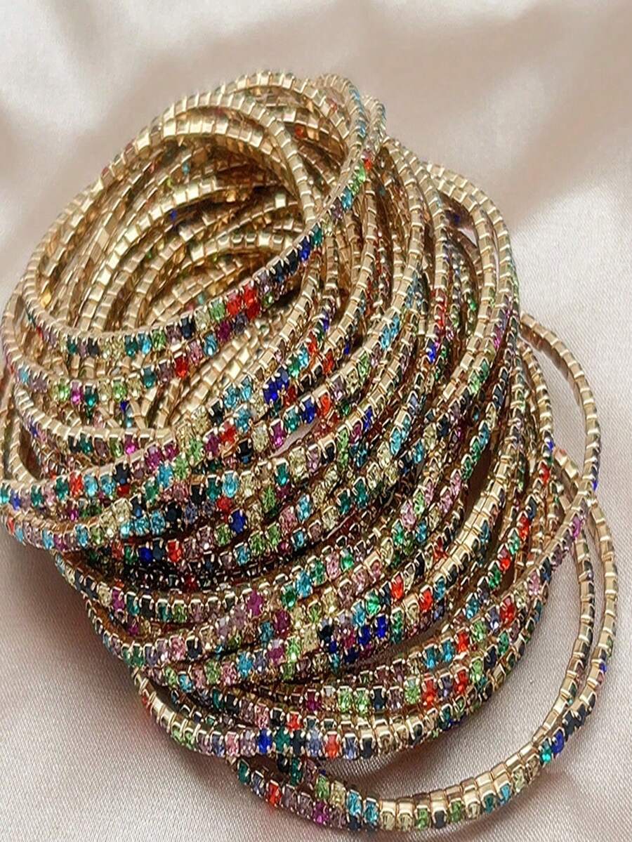 1 件/6 件/12 件金色单排方晶锆石网球手链弹性手镯女士多层街头饰品 - 彩色的 - 查看 1